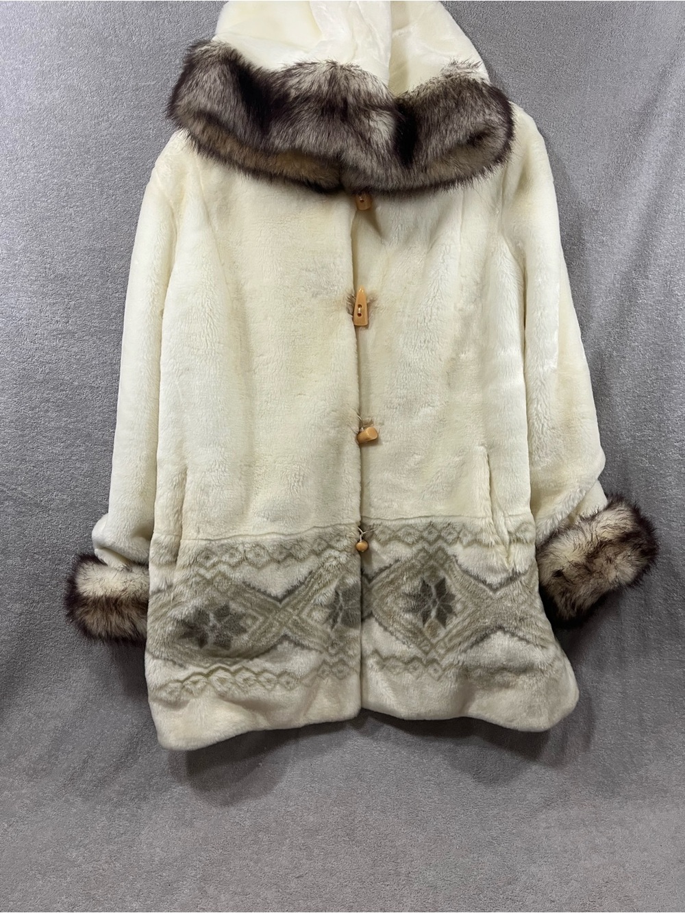 Nuage Faux Fur Hooded Coat Women 1X Cream Brown Toggle Mid Length Jacket